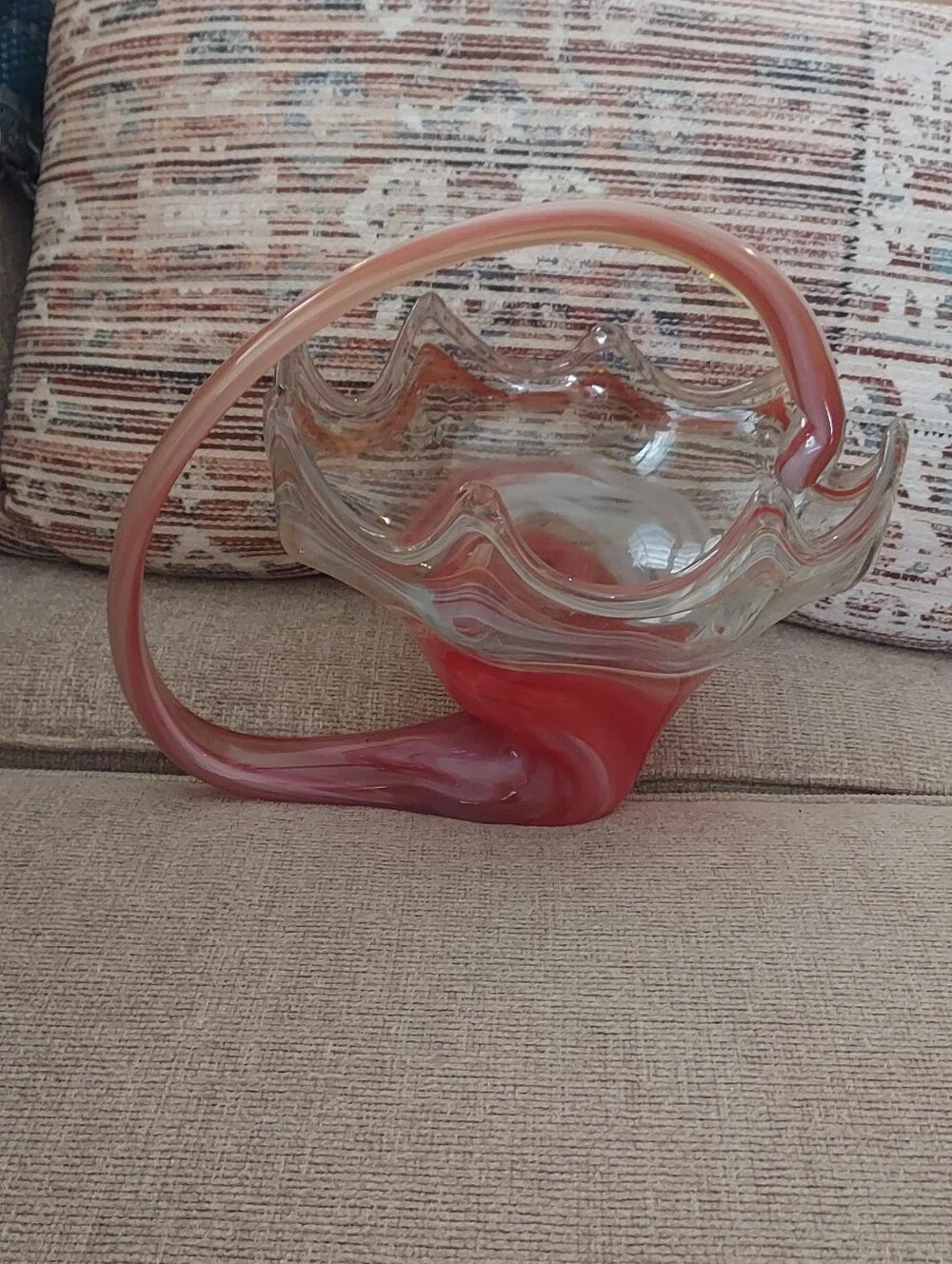 Murano Vintage Glass Basket Orange/Cream  Perfect Condition I PACK GLASS WELL!